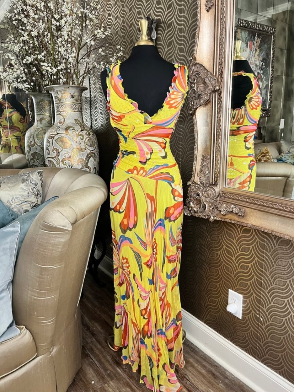 BCBG max Zaria yellow silk colorful floral dress - Picture 3 of 8